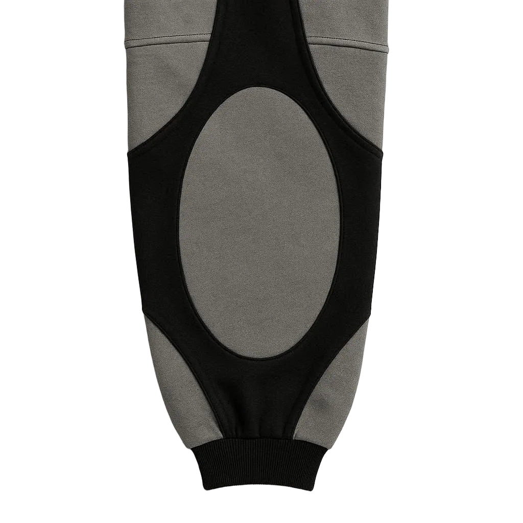Gray and black pants with a geometric pattern on a white background
