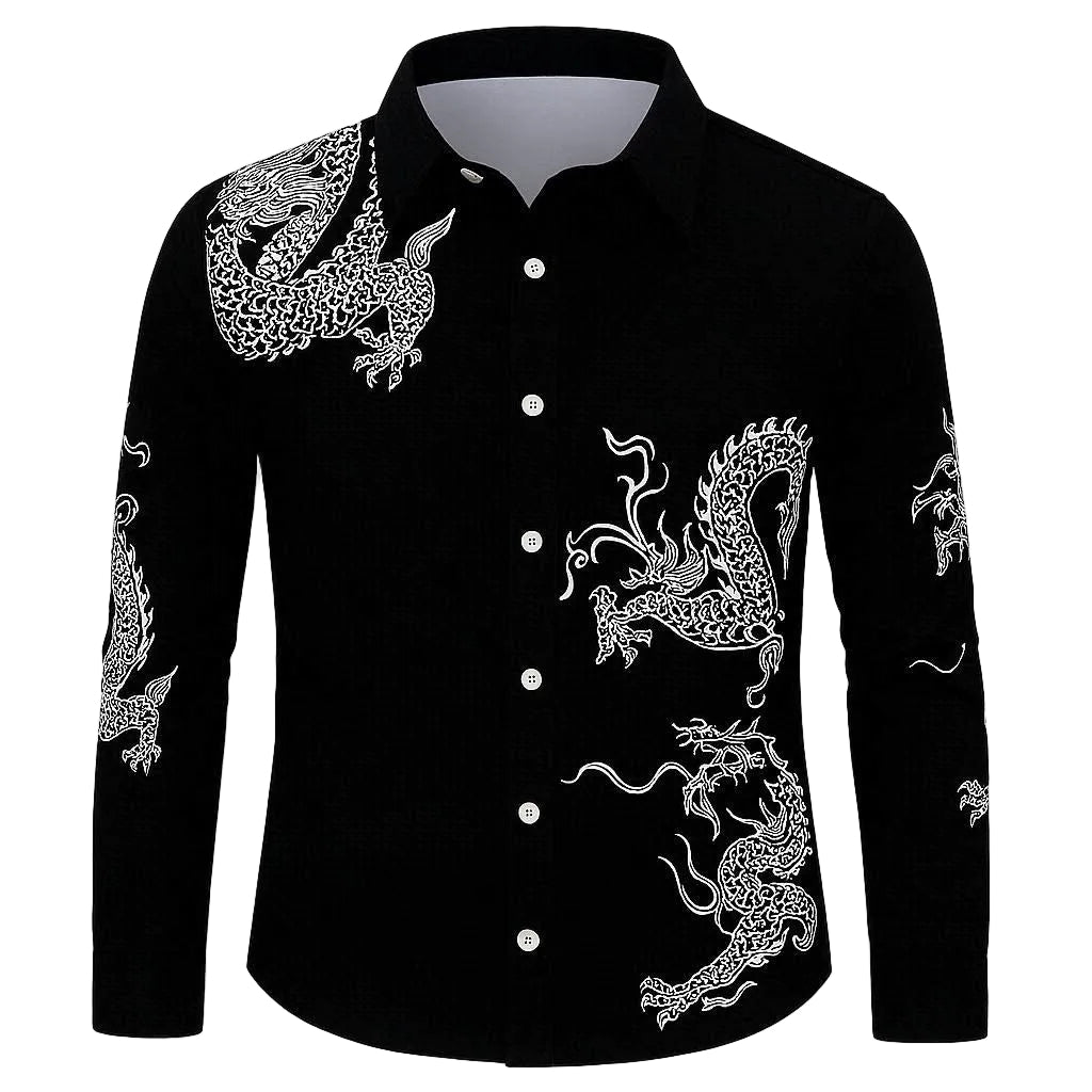 Black shirt with white dragon patterns on a white background