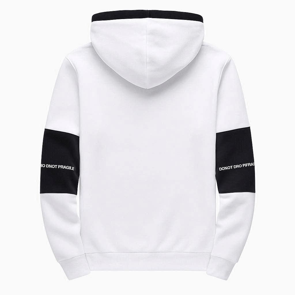 White hoodie with black sleeves and text on a white background