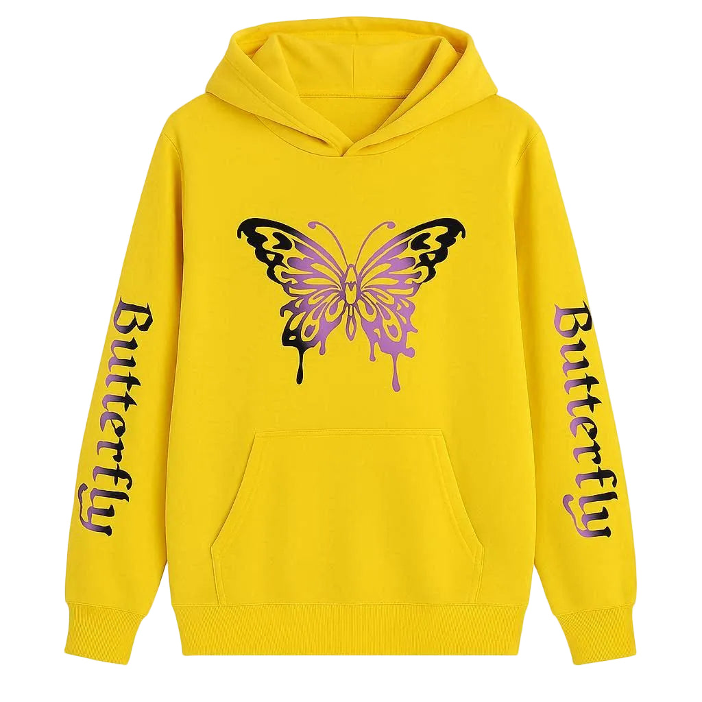 Yellow hoodie with a butterfly design and 'Butterfly' text on a white background