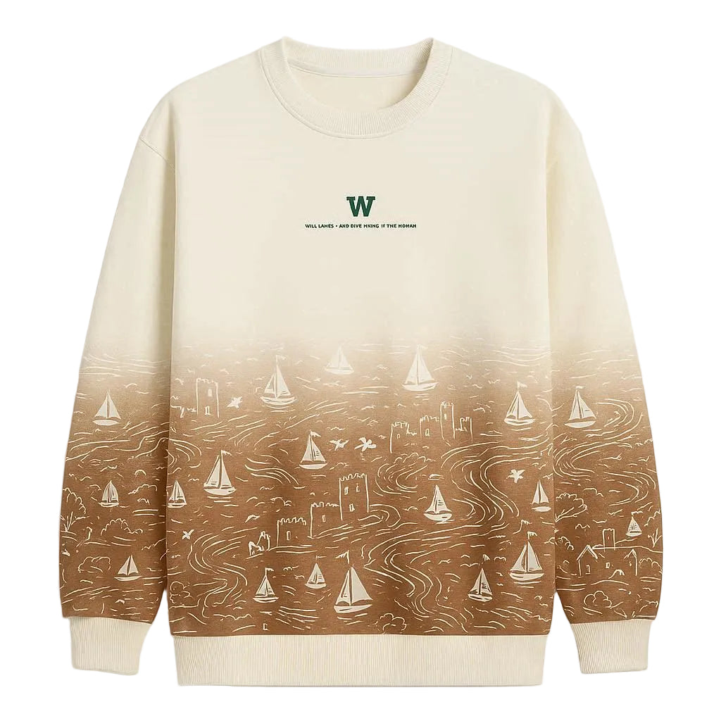 Sweatshirt with sailboat pattern and logo on a white background