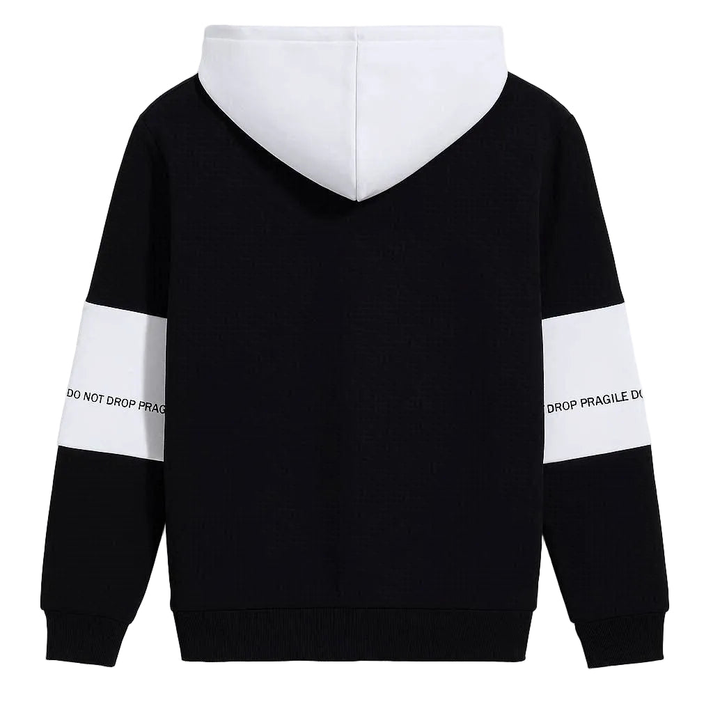 Black hoodie with white sleeves and text on a light gray background