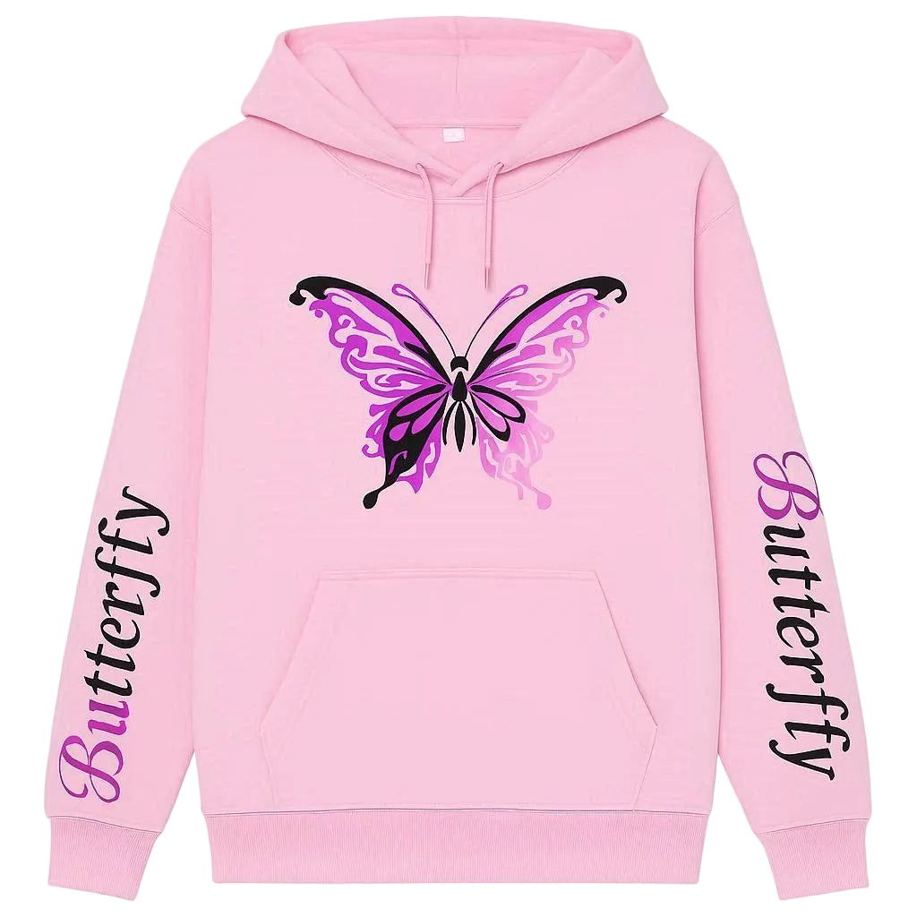 Pink hoodie with a butterfly design and 'Butterfly' text on a white background