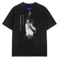 A black short-sleeve t-shirt with a large graphic print on the back featuring an anime character holding a glowing blue umbrella, accompanied by white Japanese text.