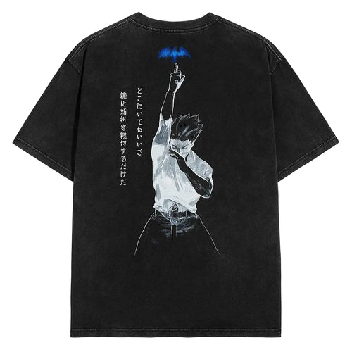 A black short-sleeve t-shirt with a large graphic print on the back featuring an anime character holding a glowing blue umbrella, accompanied by white Japanese text.