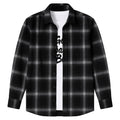 Black and gray plaid shirt with a white undershirt and text design on a light gray background