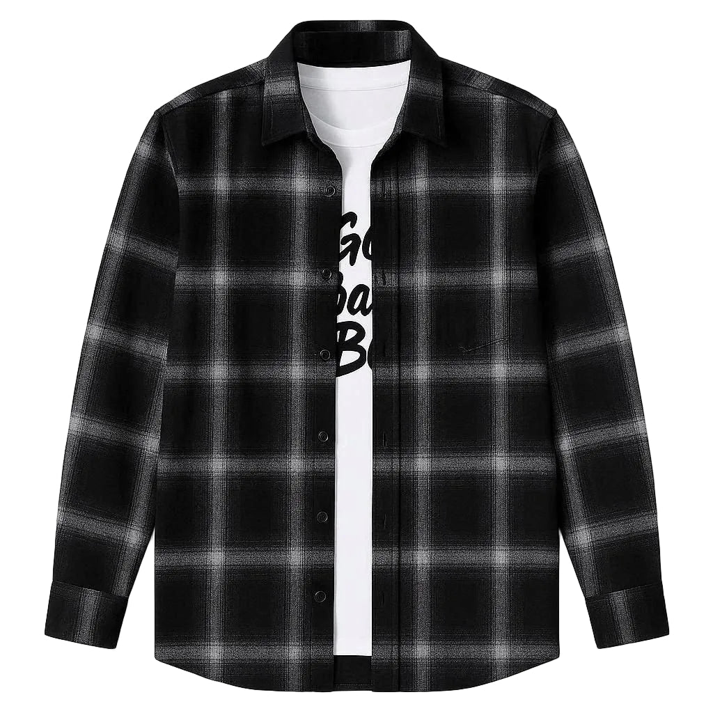 Black and gray plaid shirt with a white undershirt and text design on a light gray background