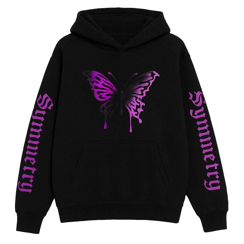Black hoodie with purple butterfly design and 'Symmetry' text on a white background