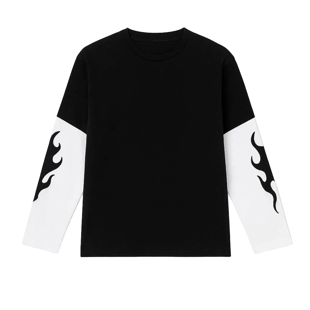 Black long-sleeve shirt with white flame patterns on sleeves against a white background