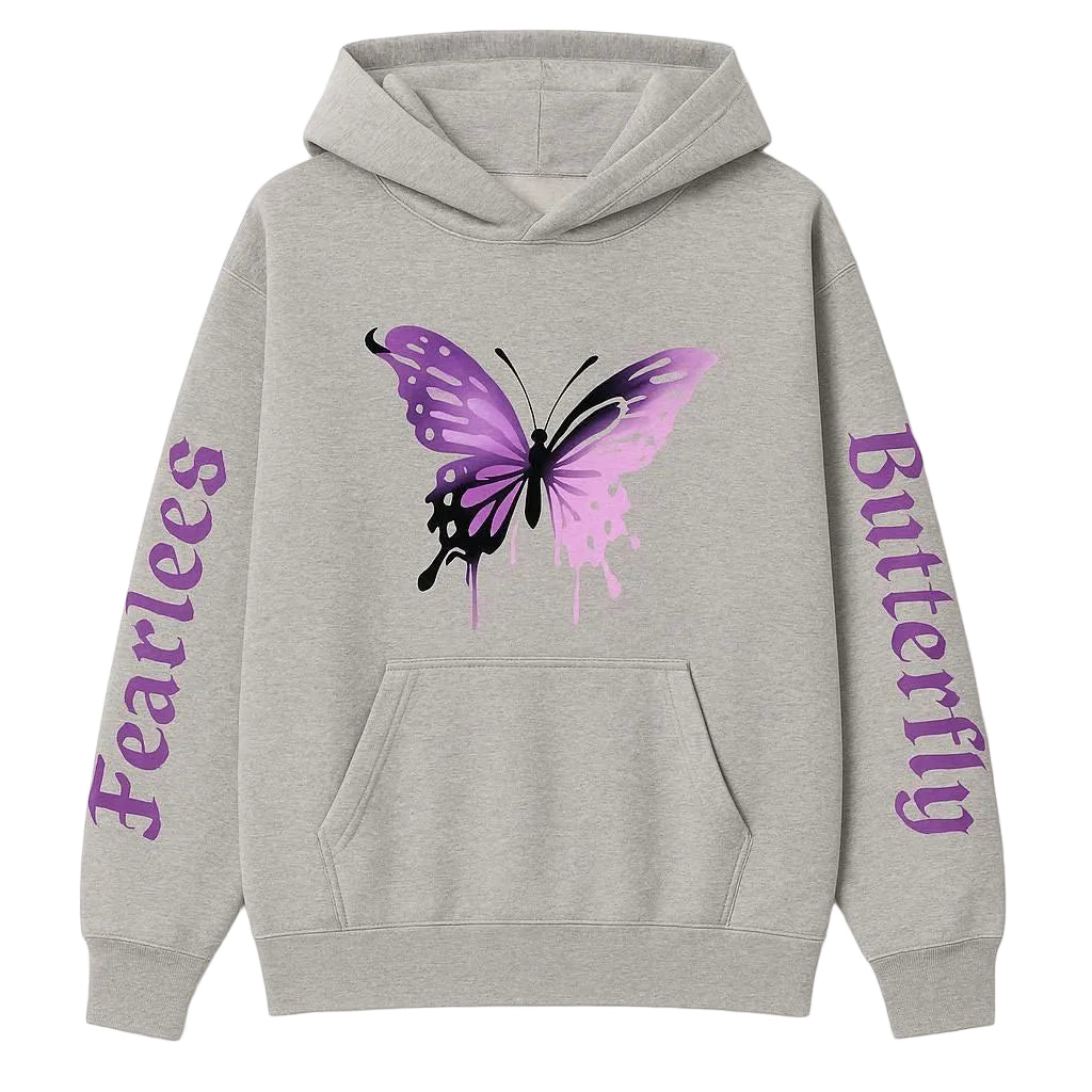 Gray hoodie with a purple butterfly design and 'Fearless Butterfly' text on a white background