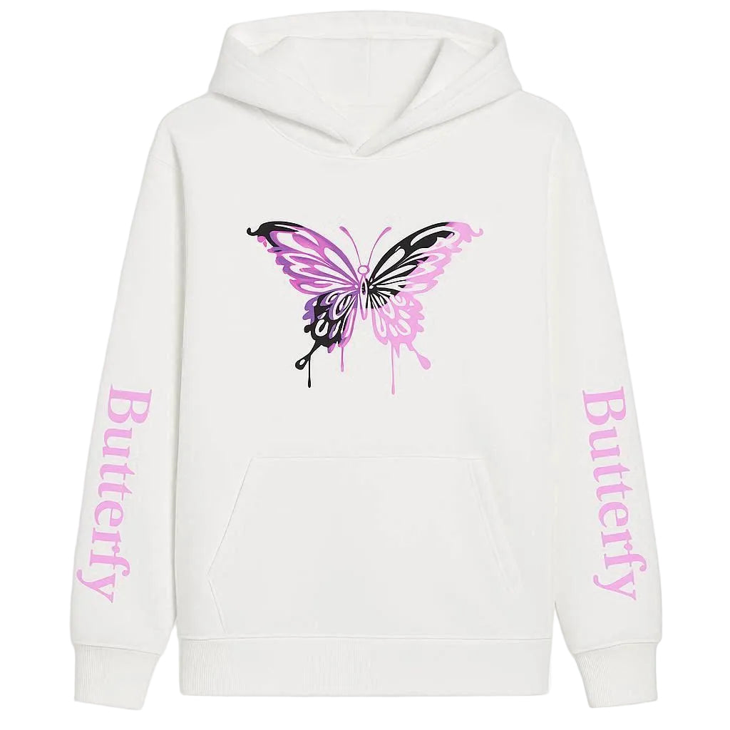 White hoodie with a butterfly design and 'Butterfly' text on a white background
