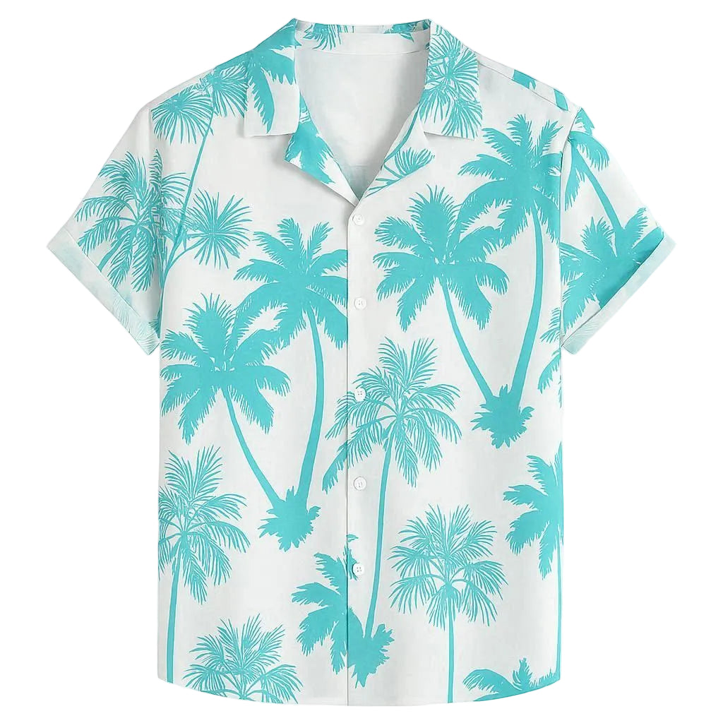 White shirt with turquoise palm tree pattern on a white background