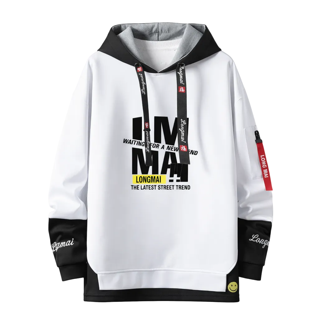 White hoodie with black and red accents featuring branding on a white background
