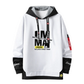 White hoodie with black and red accents featuring branding on a white background