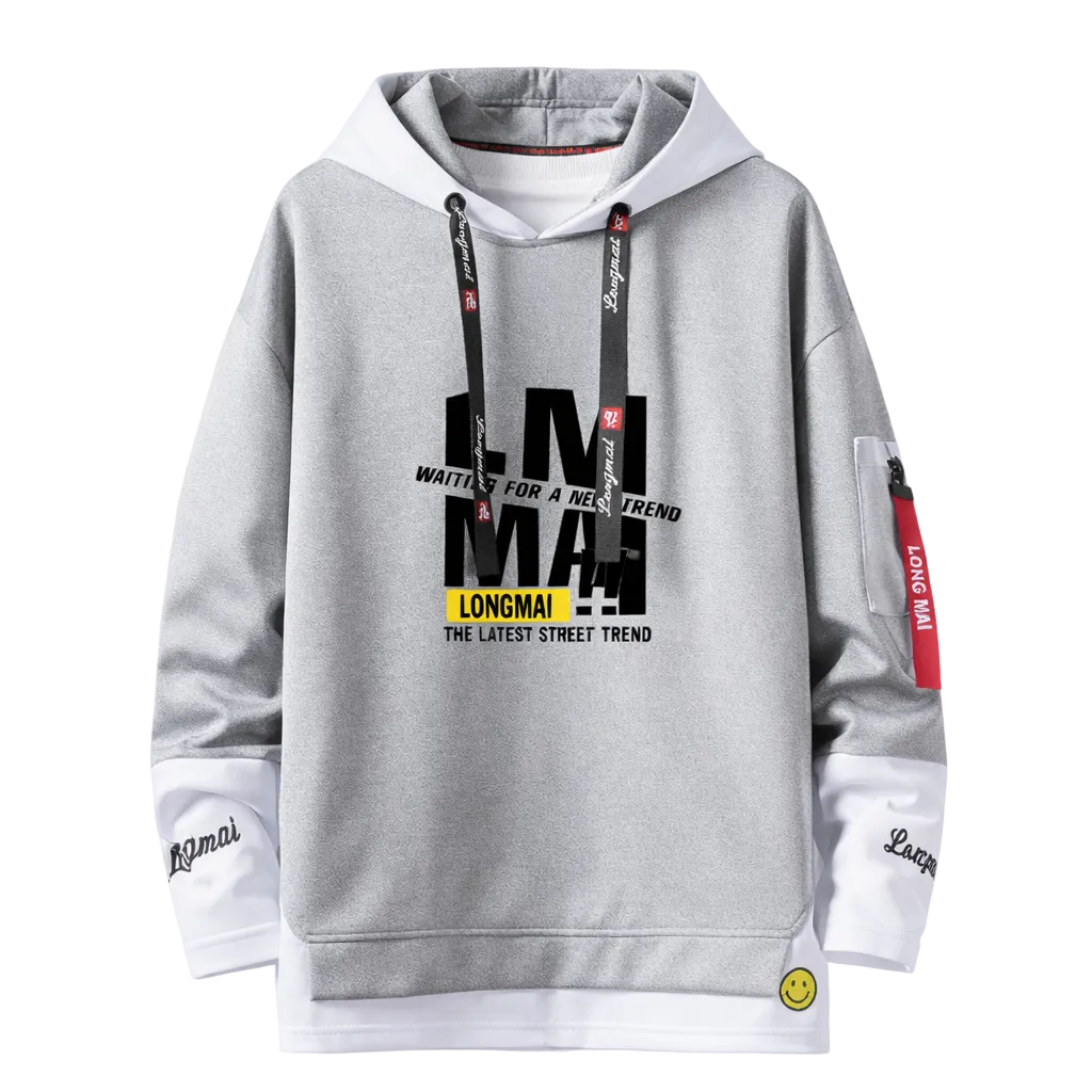 Gray hoodie with black and yellow text on a white background