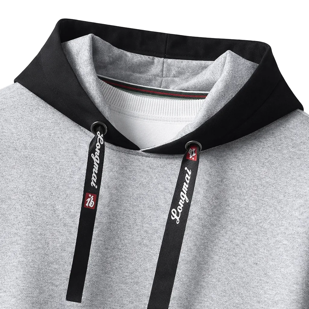 Gray hoodie with black hood and drawstrings featuring a brand logo on a white background