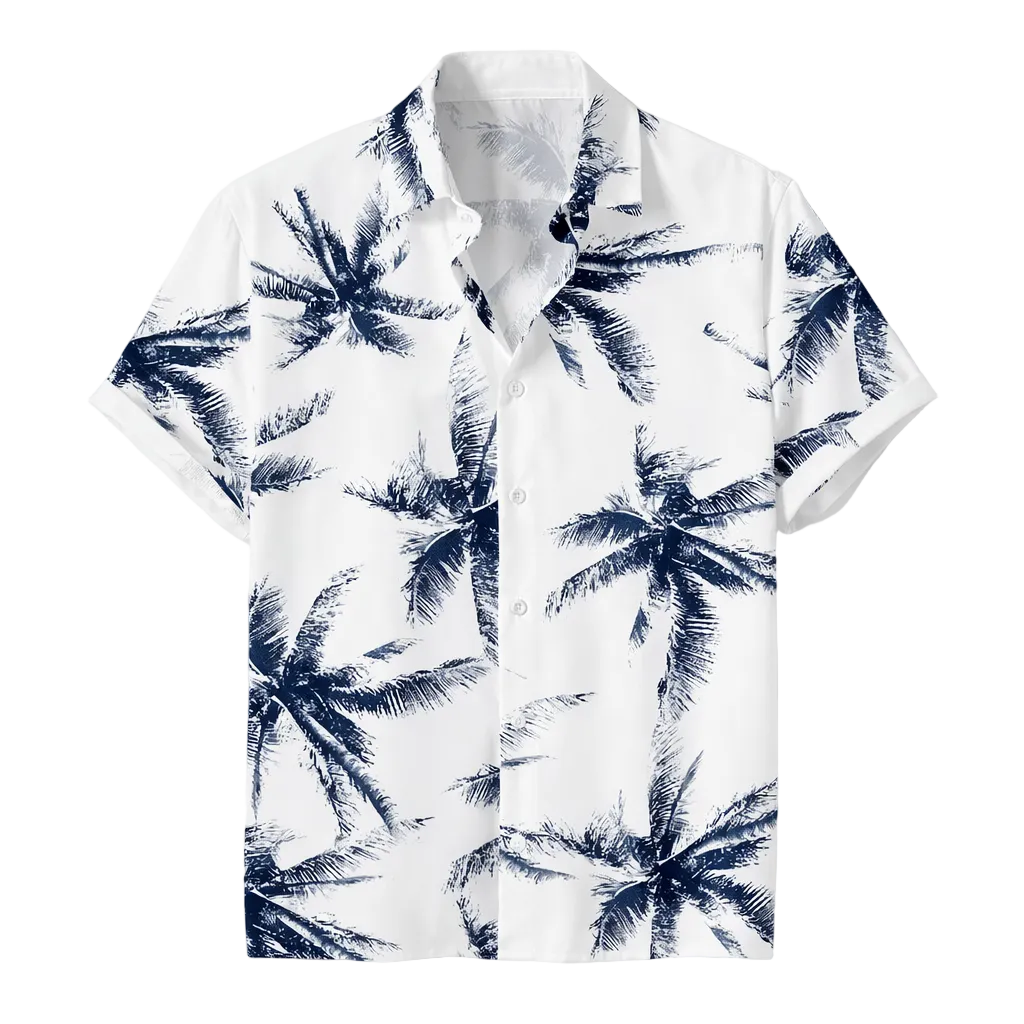 White shirt with navy palm tree pattern on a white background