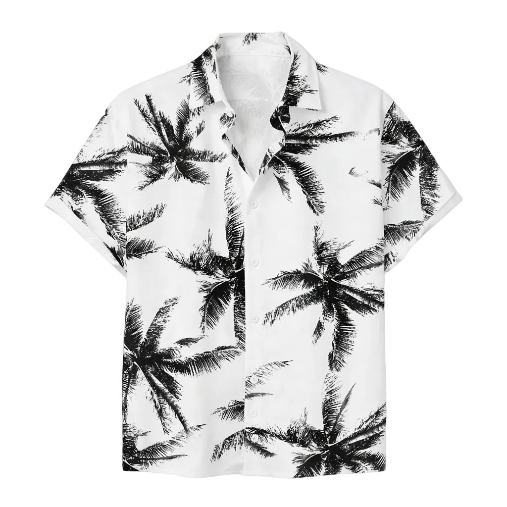 White shirt with black palm tree pattern on a white background