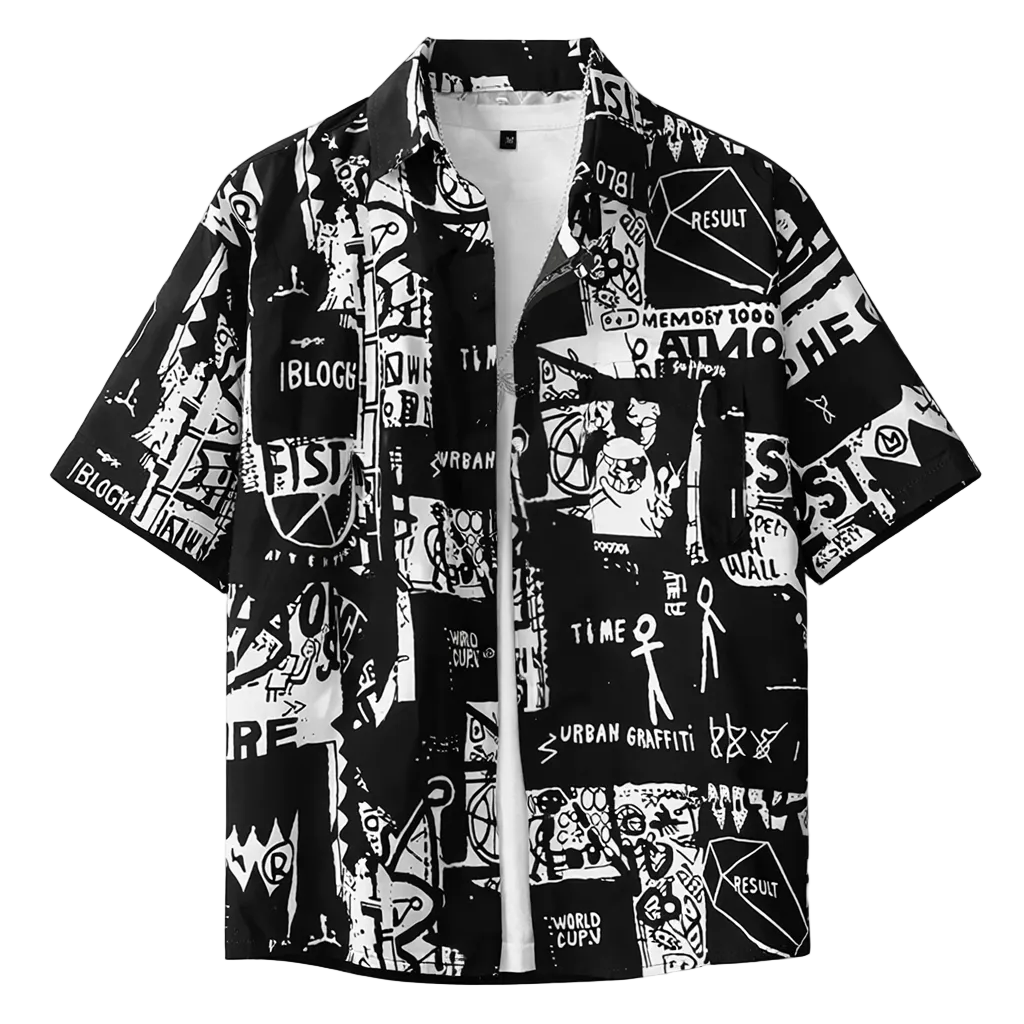 Black and white graphic patterned shirt on a white background