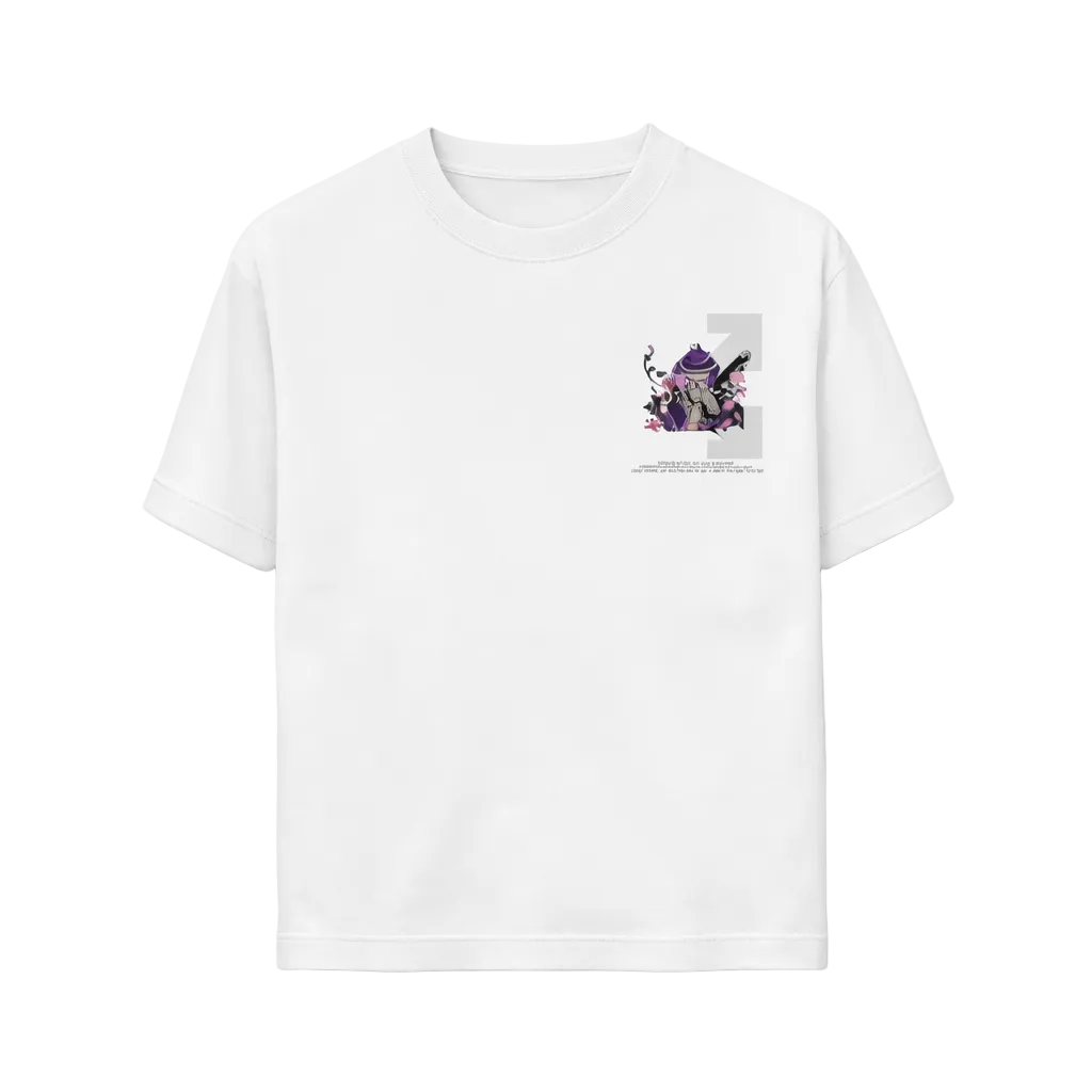 White t-shirt with a graphic design on a white background