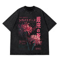 Black t-shirt with pink floral design and text on a white background