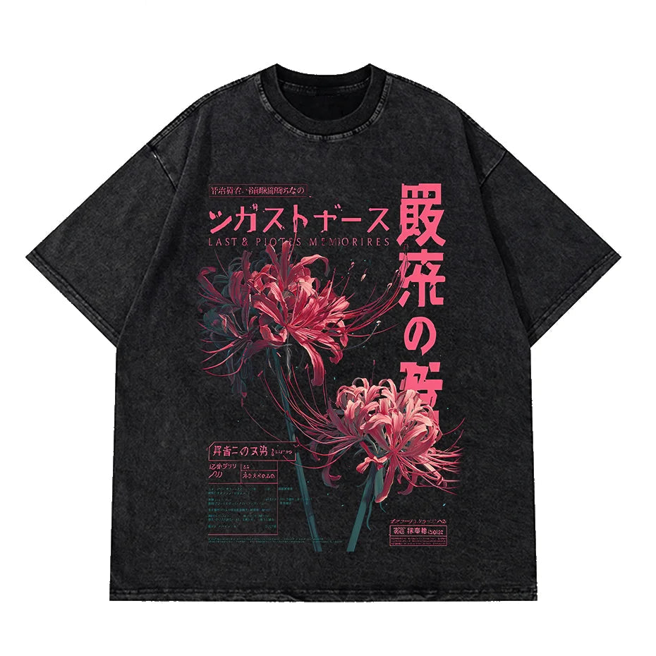 Black t-shirt with pink floral design and text on a white background