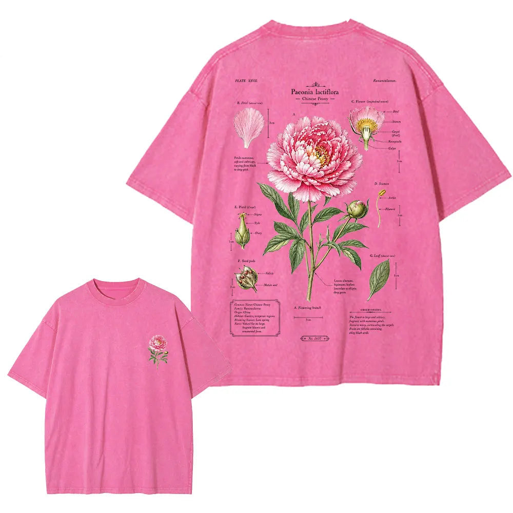 Pink t-shirt with floral diagram design on a white background