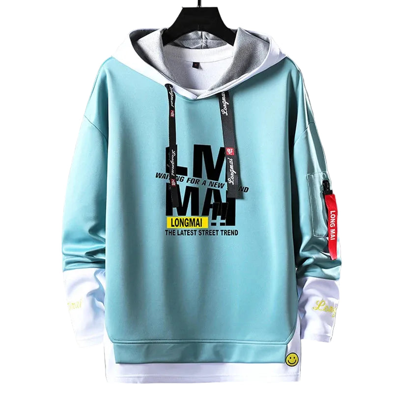 Light blue hoodie with text and logos on a gray background