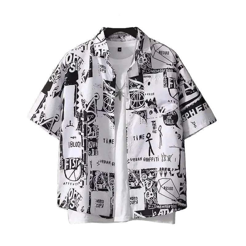 White shirt with black graphic design on a textured gray background