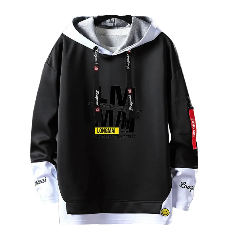 Black hoodie with white and red accents on a gray background