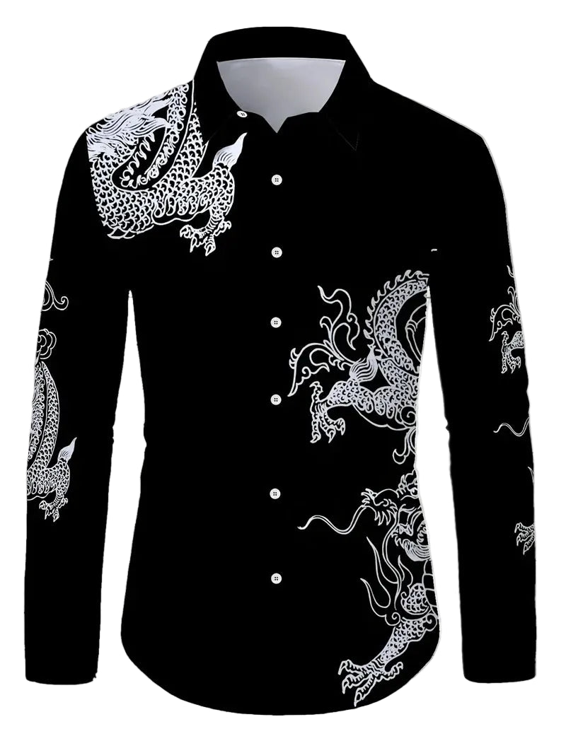 Black shirt with white dragon designs on a wooden background