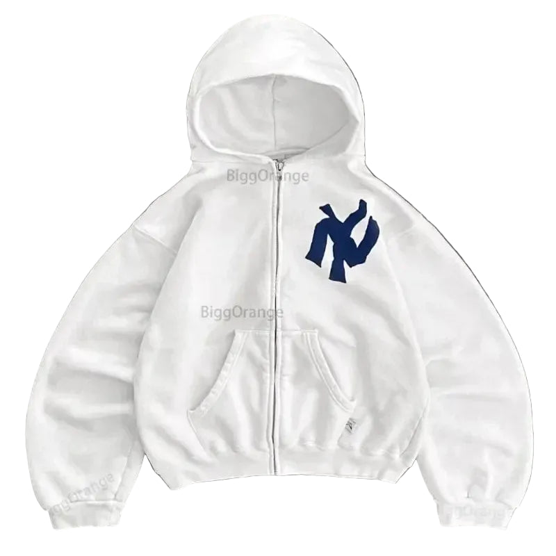 White hoodie with a blue logo on a gray background