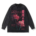 Black long-sleeve shirt with red floral design and text on a white background