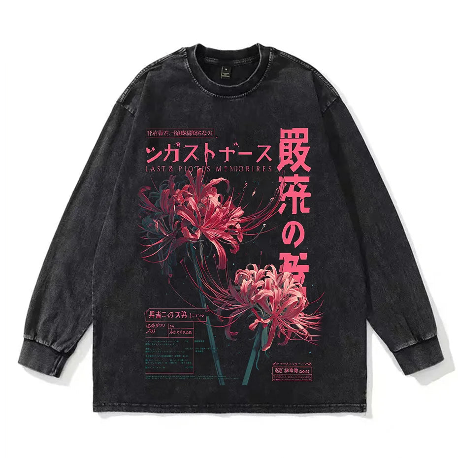 Black long-sleeve shirt with red floral design and text on a white background