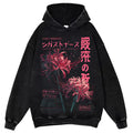 Black hoodie with red floral design and text on a white background