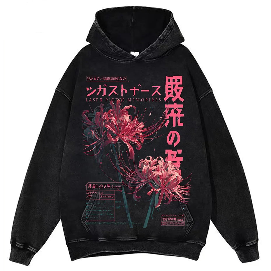 Black hoodie with red floral design and text on a white background