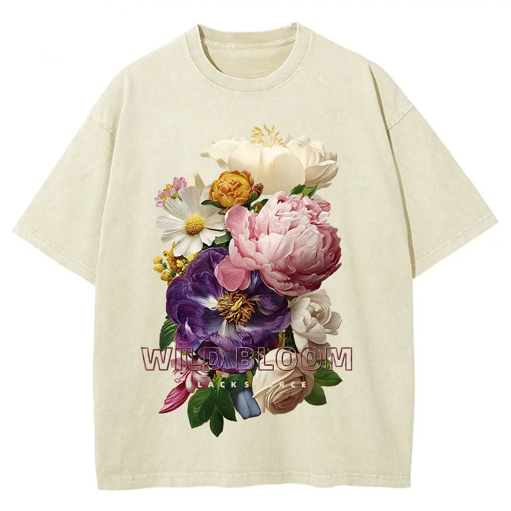 Beige t-shirt with colorful floral design on a white background