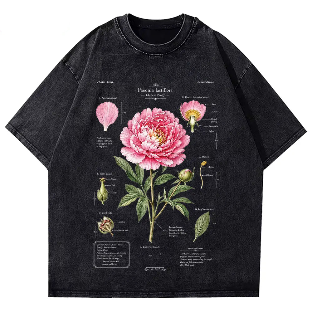 Black t-shirt with pink floral diagram on a white background
