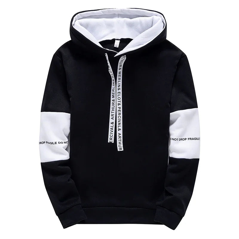 Black and white hoodie with text on sleeves and hood on a white background