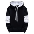 Black and white hoodie with text on sleeves and hood on a white background
