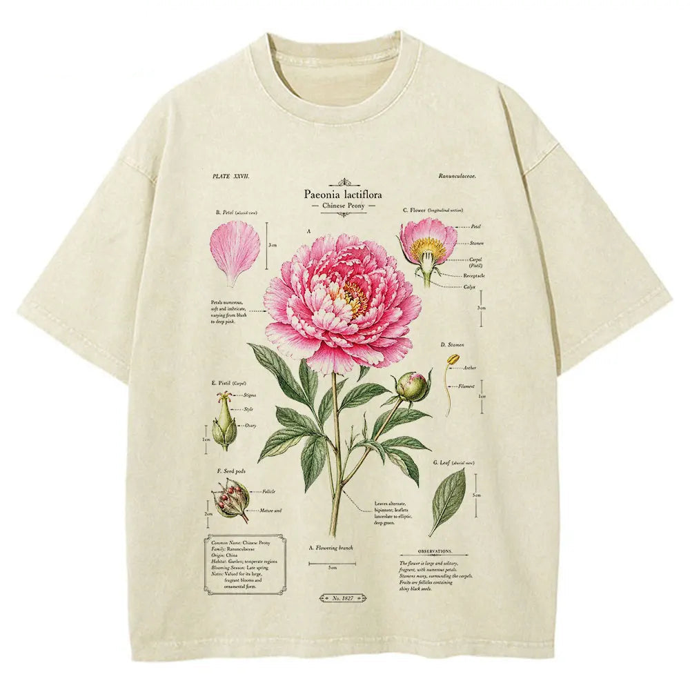 Beige t-shirt with pink floral diagram on a white background