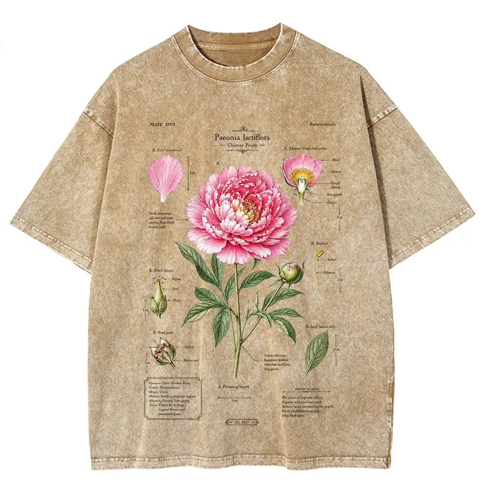 Beige t-shirt with pink floral design and text on a white background