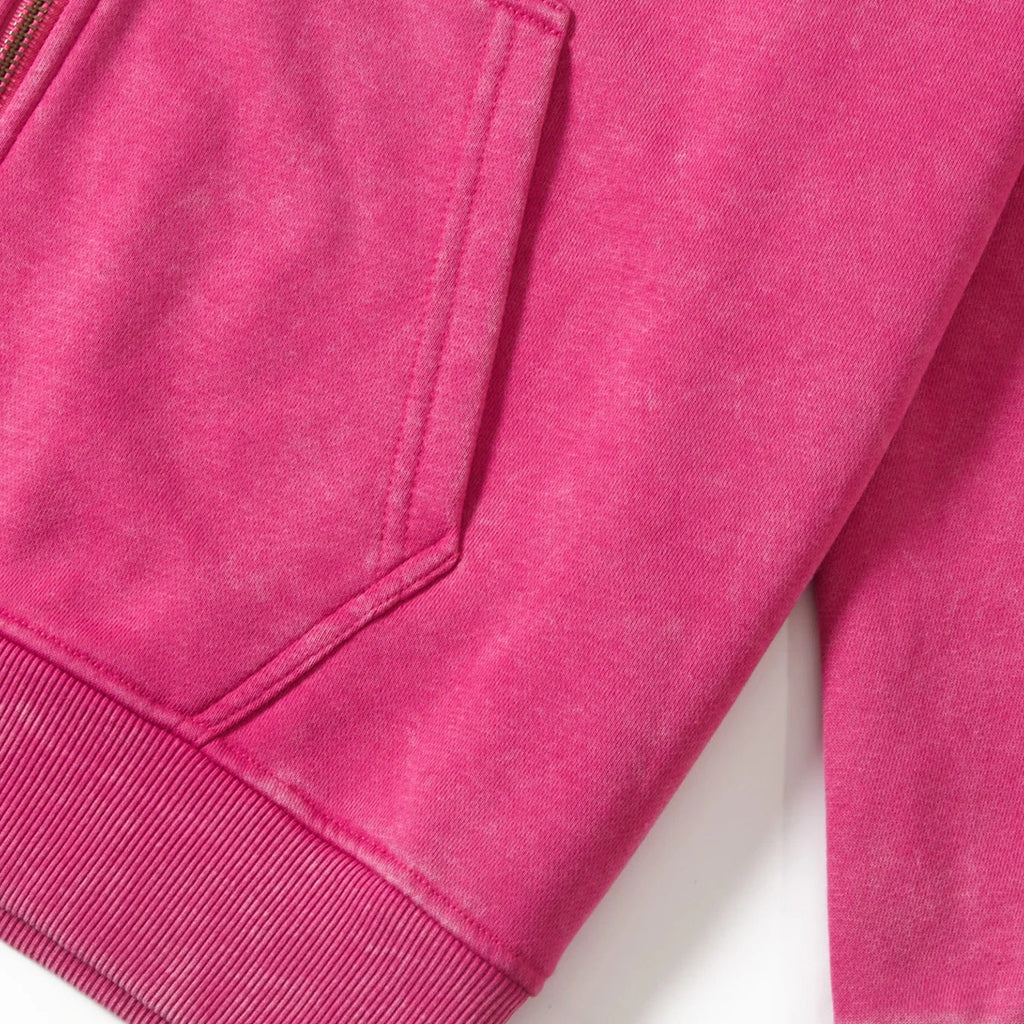 Close-up of a pink sweatshirt with a zipper pocket on a white background