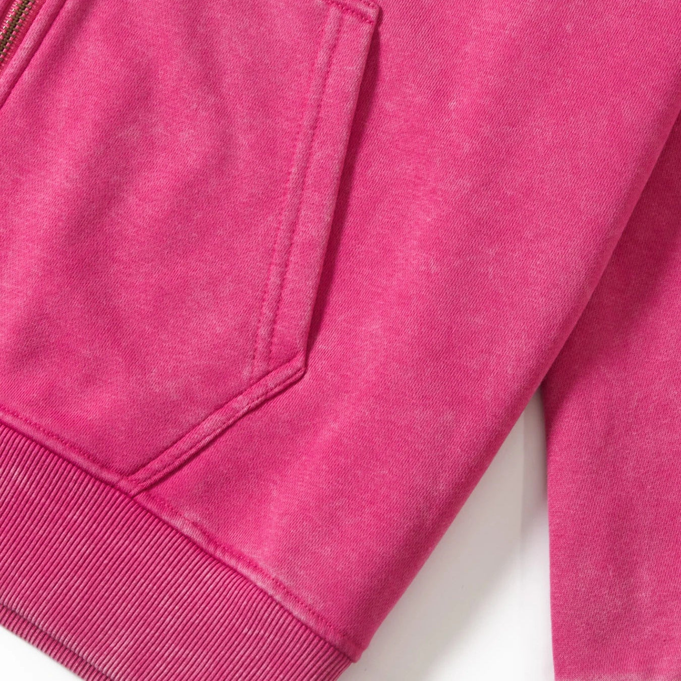 Close-up of a pink sweatshirt with a zipper pocket on a white background