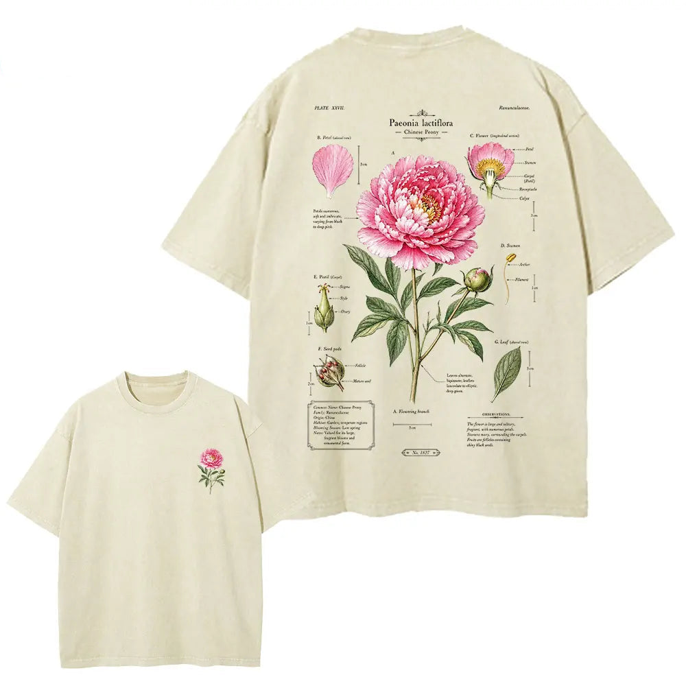 Beige t-shirt with floral diagram design on a white background