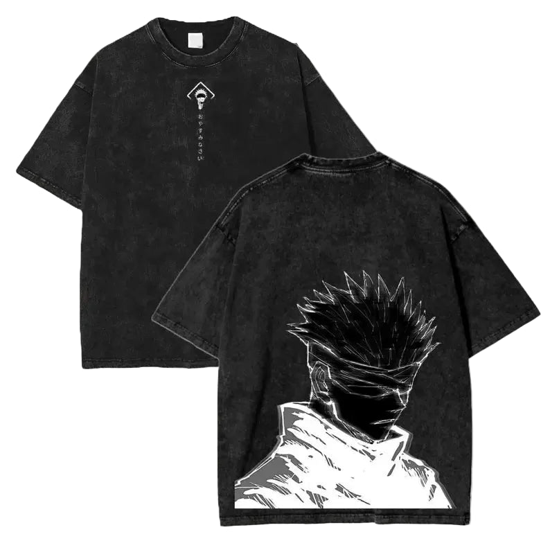 Black t-shirt with white graphic design on a wooden surface