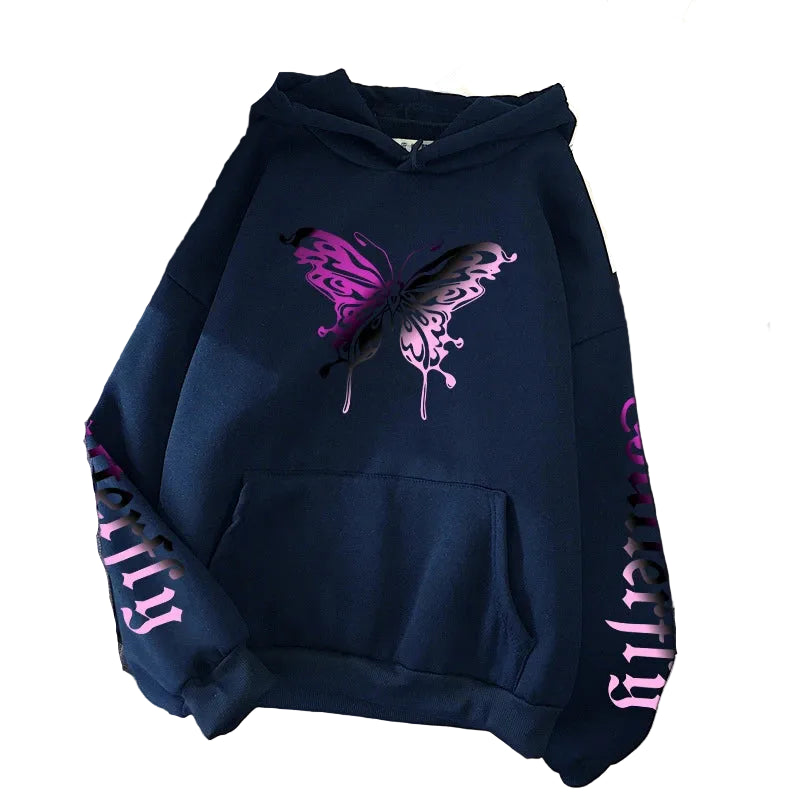 Navy blue hoodie with pink butterfly design on a gray surface