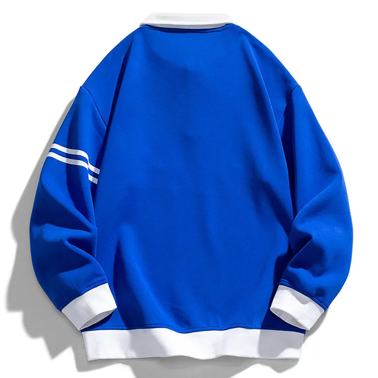Blue sweatshirt with white accents on a white background