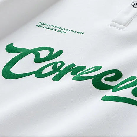 White sweater with green text and branding on a white background