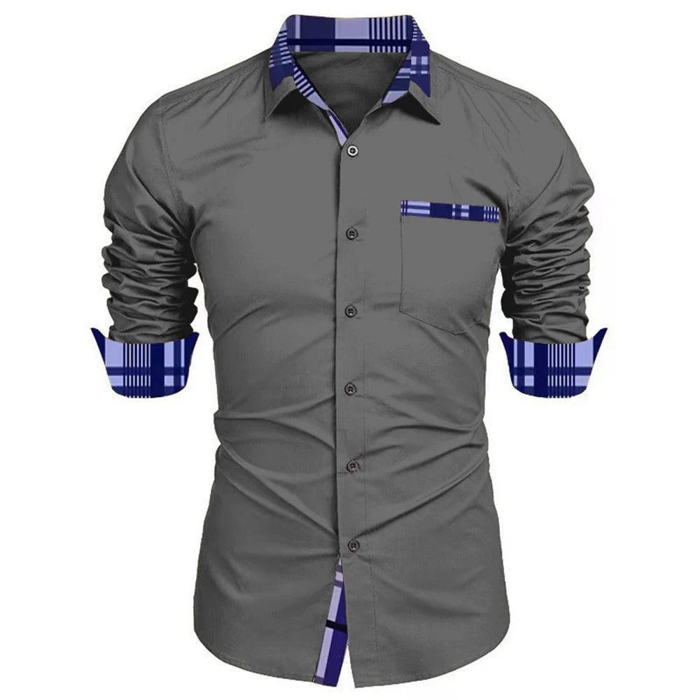 Gray shirt with blue plaid accents on a white background